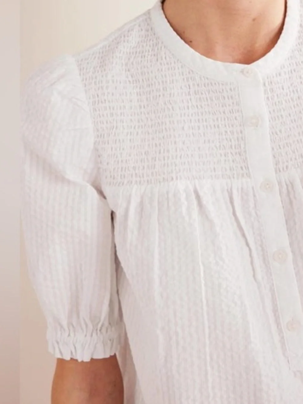 Boden Ada Puff Sleeve Seersucker White Blouse Smocked Button Front Shirt Sz 16